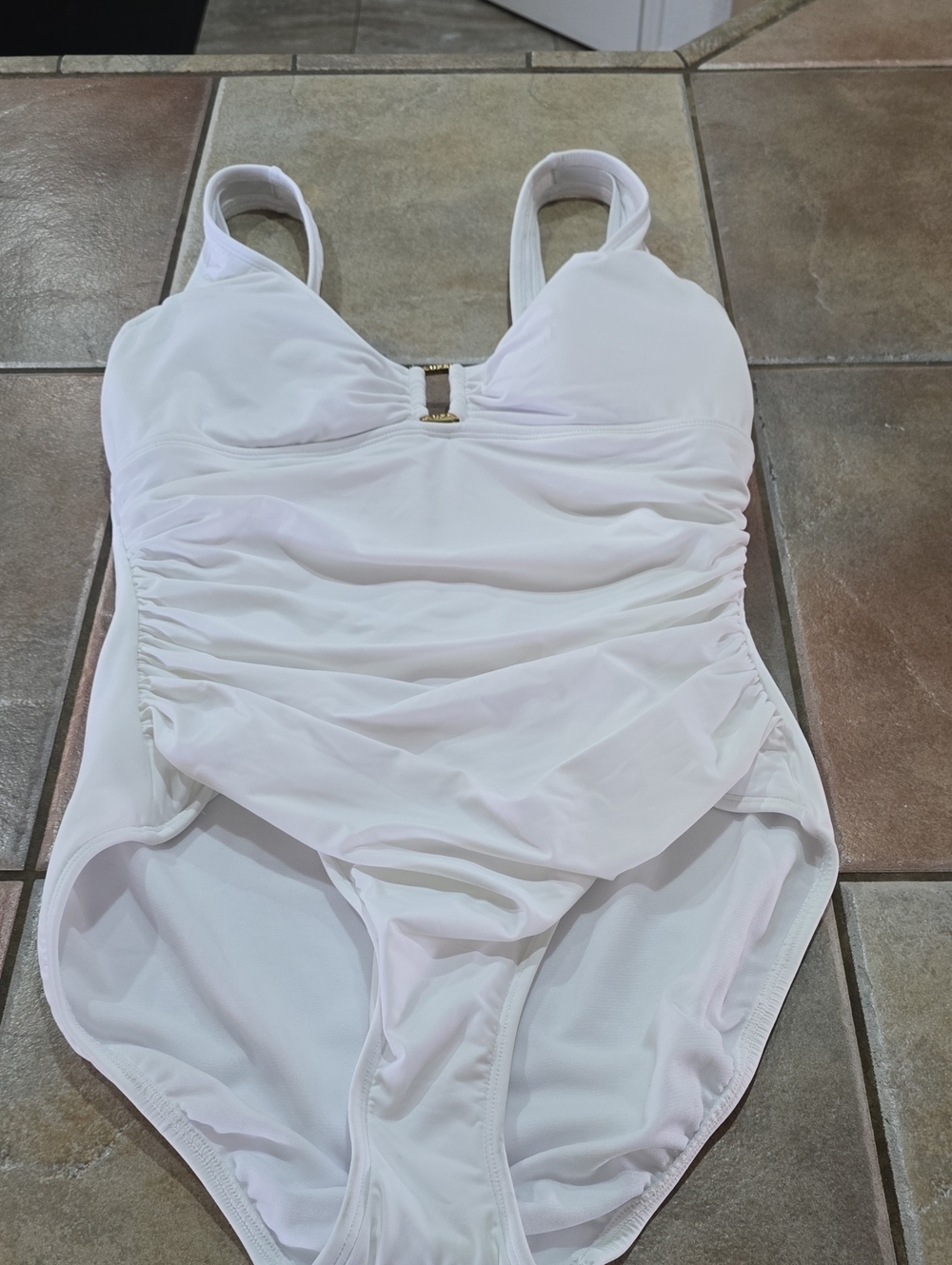 Ralph Lauren White Ruched One-Piece Swimsuit with Gold Accent Sz 12 Nwt